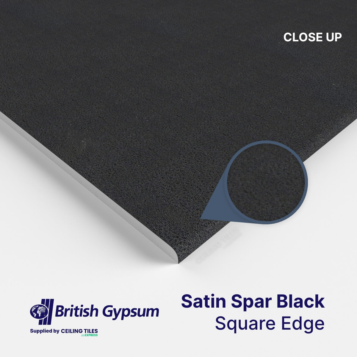 Black British Gypsum Ceiling Tiles – Square Edge, Satin Spar (600x600mm)